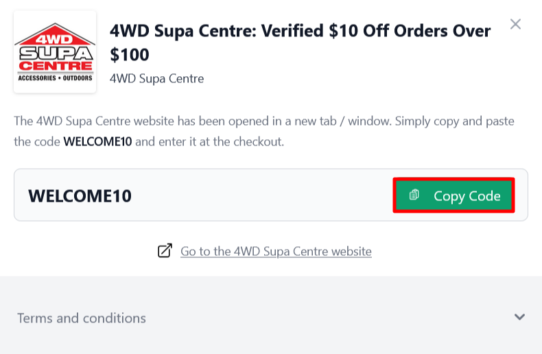4WD Supa Centre page on Love Coupons where to copy your code