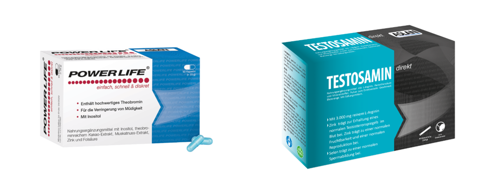Zwei Gesundheitsprodukte von Aslan mit Power Life und Testosamin auf der Packung