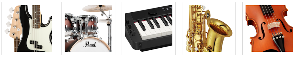 Eine E-Gitarre, ein Schlagzeug, ein Keyboard, ein Saxophon und eine Violine