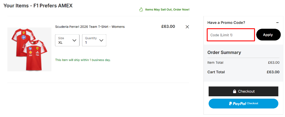 The F1 Store shopping cart page with where to paste the F1 Store coupon code in a red box 
