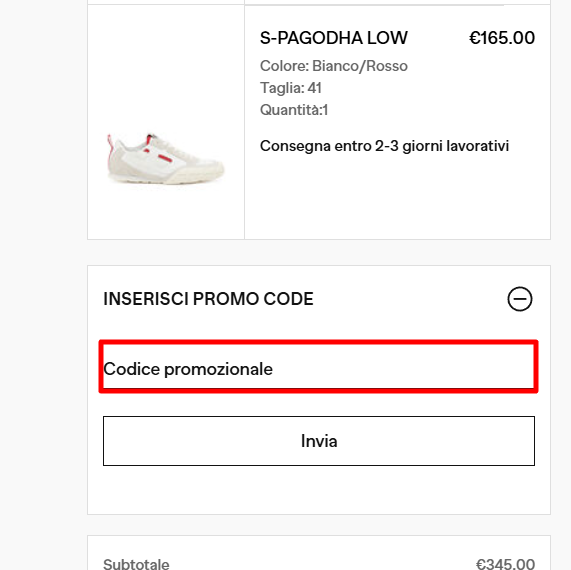 carrello della piattaforma Diesel dove poter inserire il coupon Diesel e risparmiare in maniera efficace