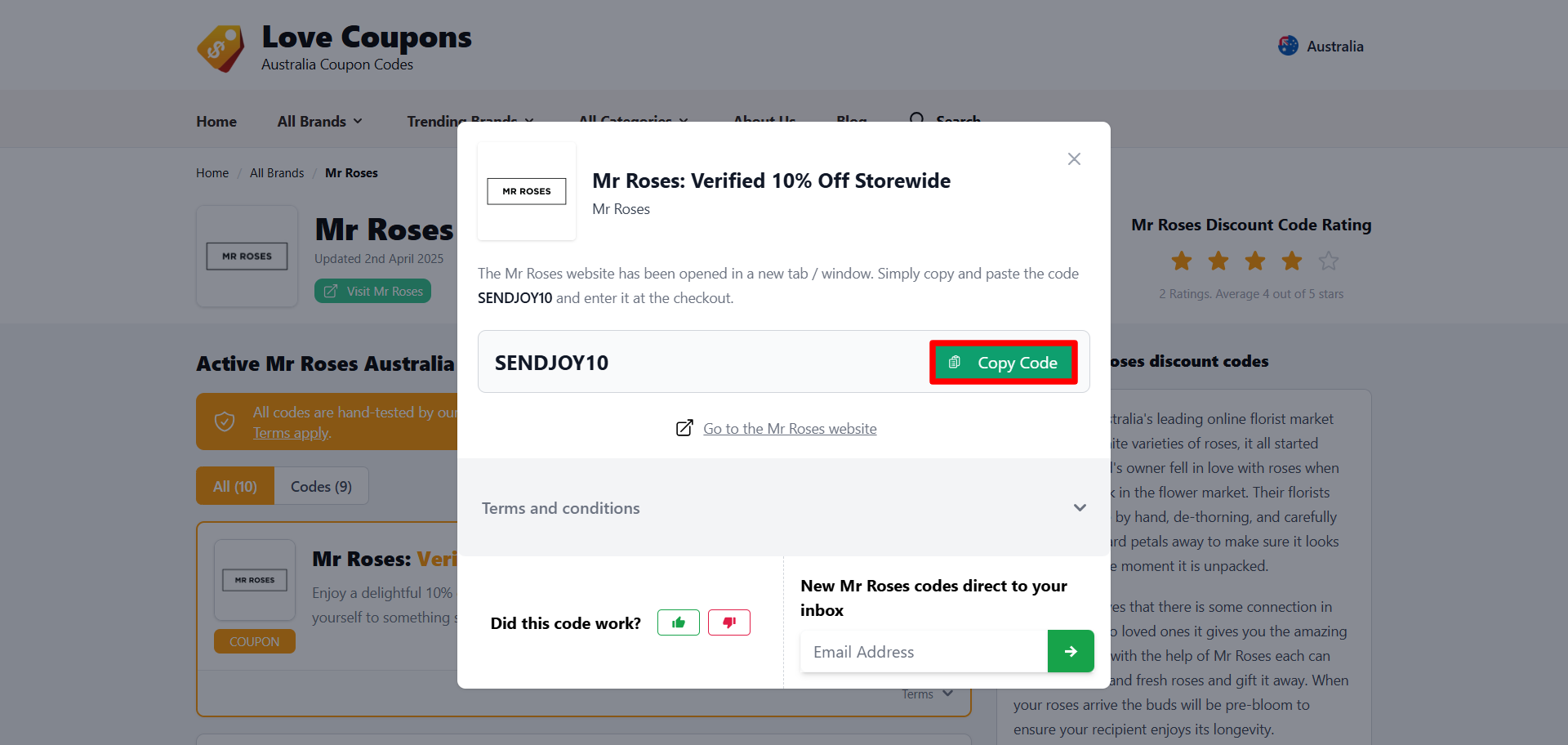 A popup displaying a Mr Roses promo code and its terms and conditions