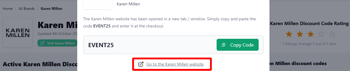 a highlighted link which customers can click after copying their Karen Millen discount code