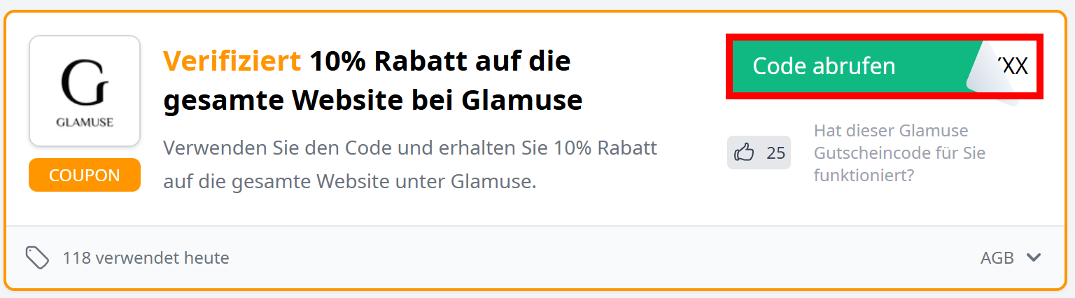 Ein grüner Button mit roter Markierung zum ABrufen eines Rabattcodes für Glamuse 