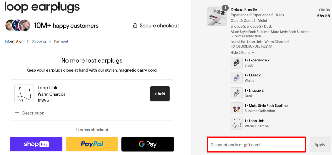 The Loop Earplugs checkout page showing the discount code box