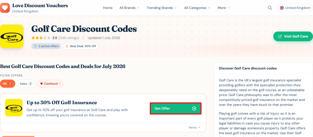 The page where you get a Golf Care offer