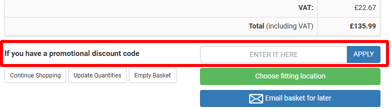 highlighted red box where customers can enter their Tyre Shopper discount code