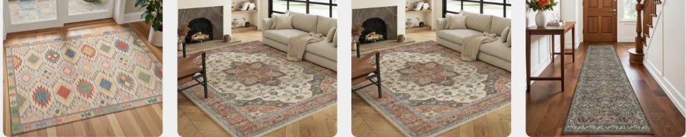 four different Decor and Decor non slip rugs in living spaces