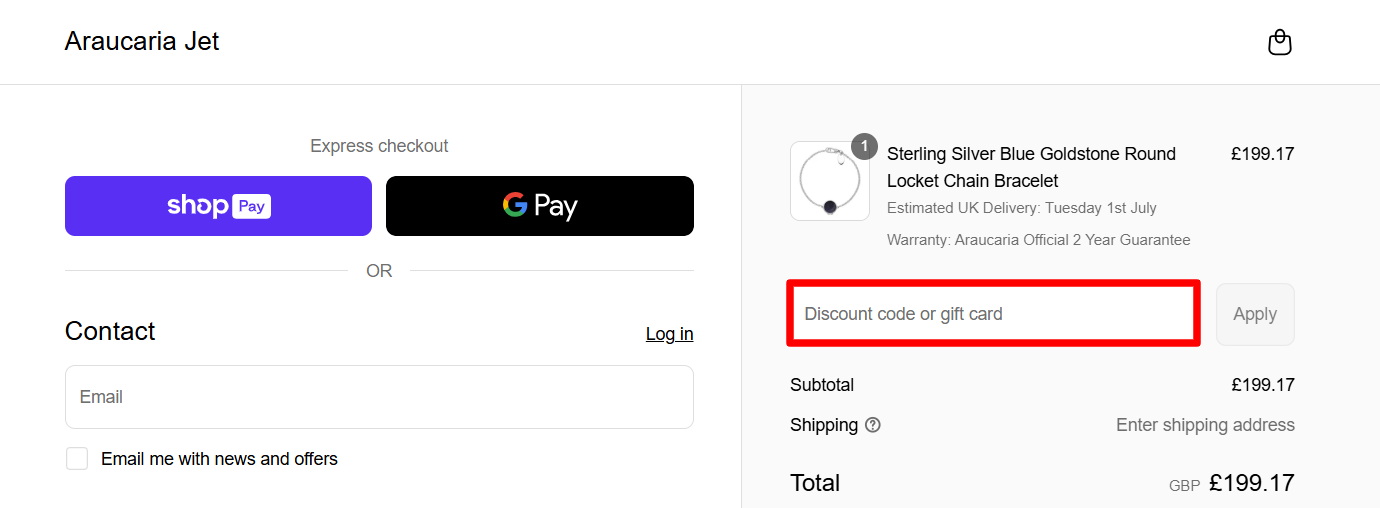 The Araucaria checkout page with the voucher code box highlighted with a red box