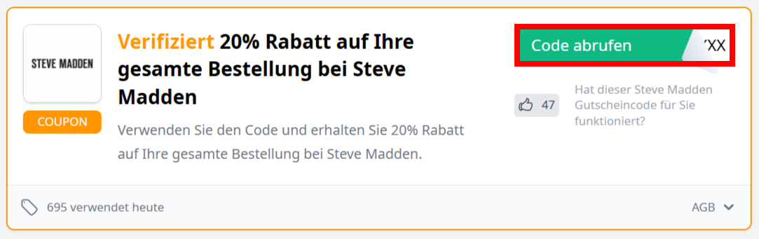 Angaben zu einem Gutschein für Steve Madden mit einem rotmarkiertem Abruf-Button