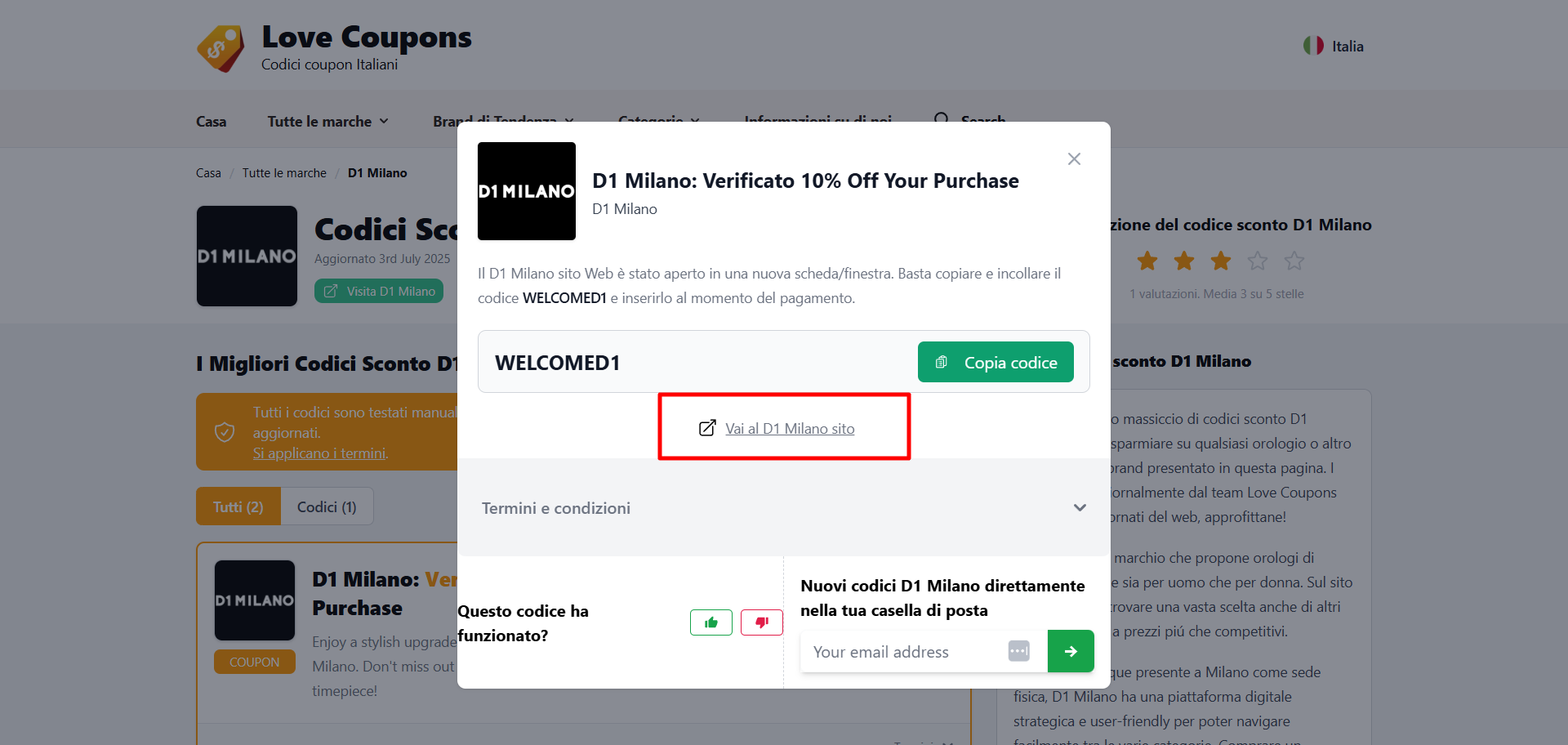 paginetta con il link il collegamento che porta al sito D1 Milano dove poter inserire il codice sconto