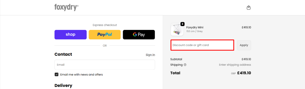 The checkout page showing the Foxydry promo code box