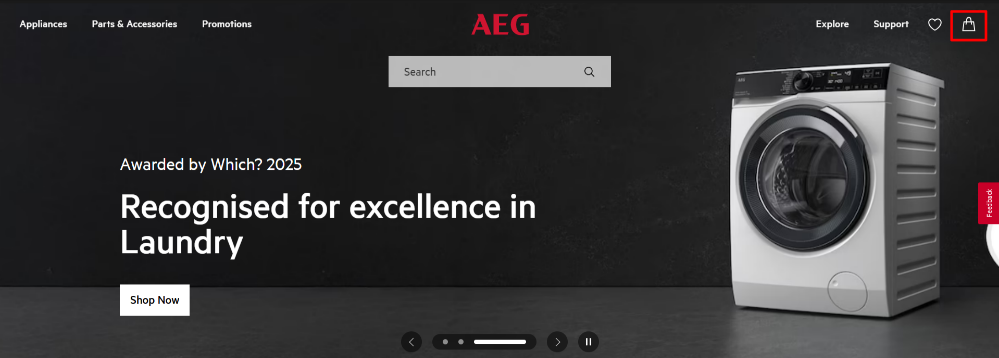 The AEG home page and the shopping categories and the shopping bag highlighted with a red box