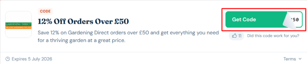 A Gardening Direct discount code with "Get Code" in a red box