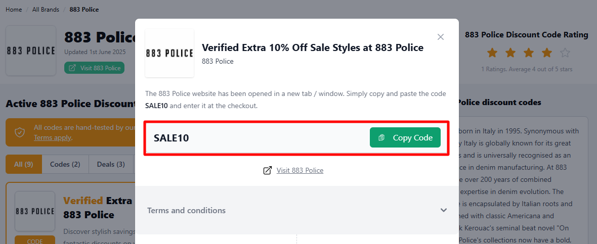 The highlighted red box shows the 883 Police code and a link that takes you to the 883 Police website