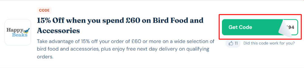 A Happy Beaks discount code with "Get Code" in a red box