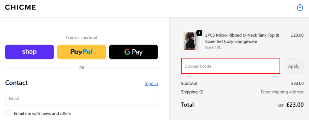 The Chic Me checkout page with where to paste the Chic Me voucher code in a red box.