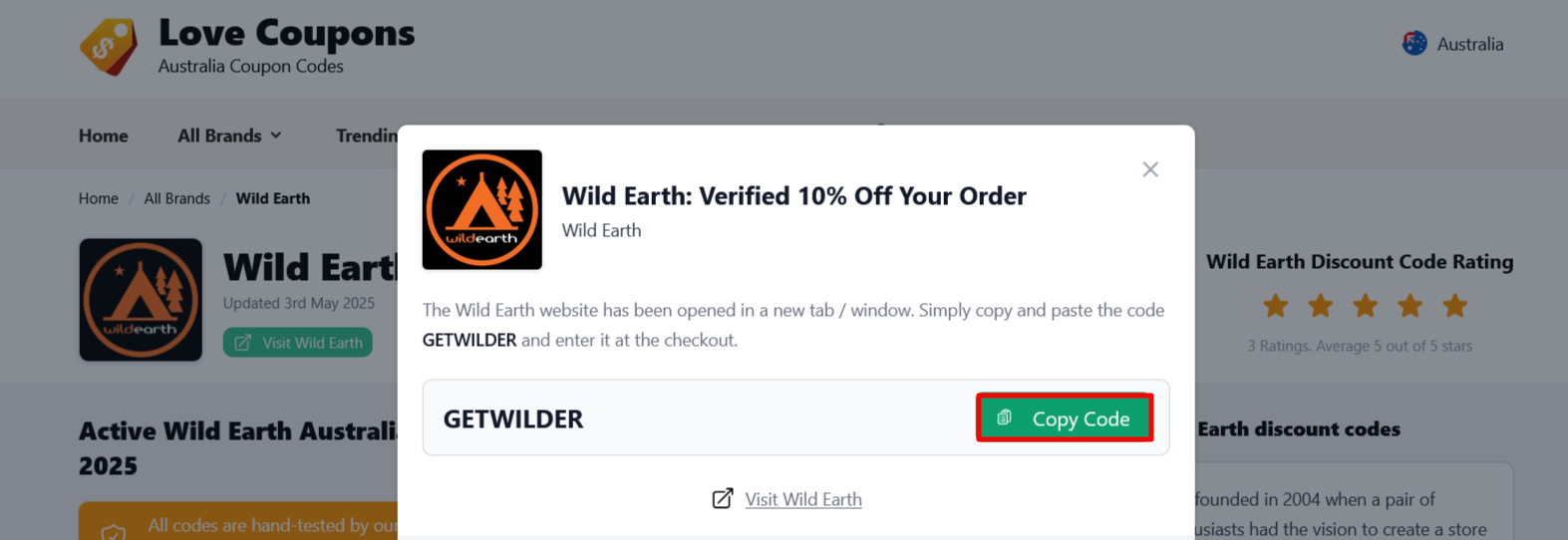 Where to copy your code is on the Wild Earth page on Love Coupons