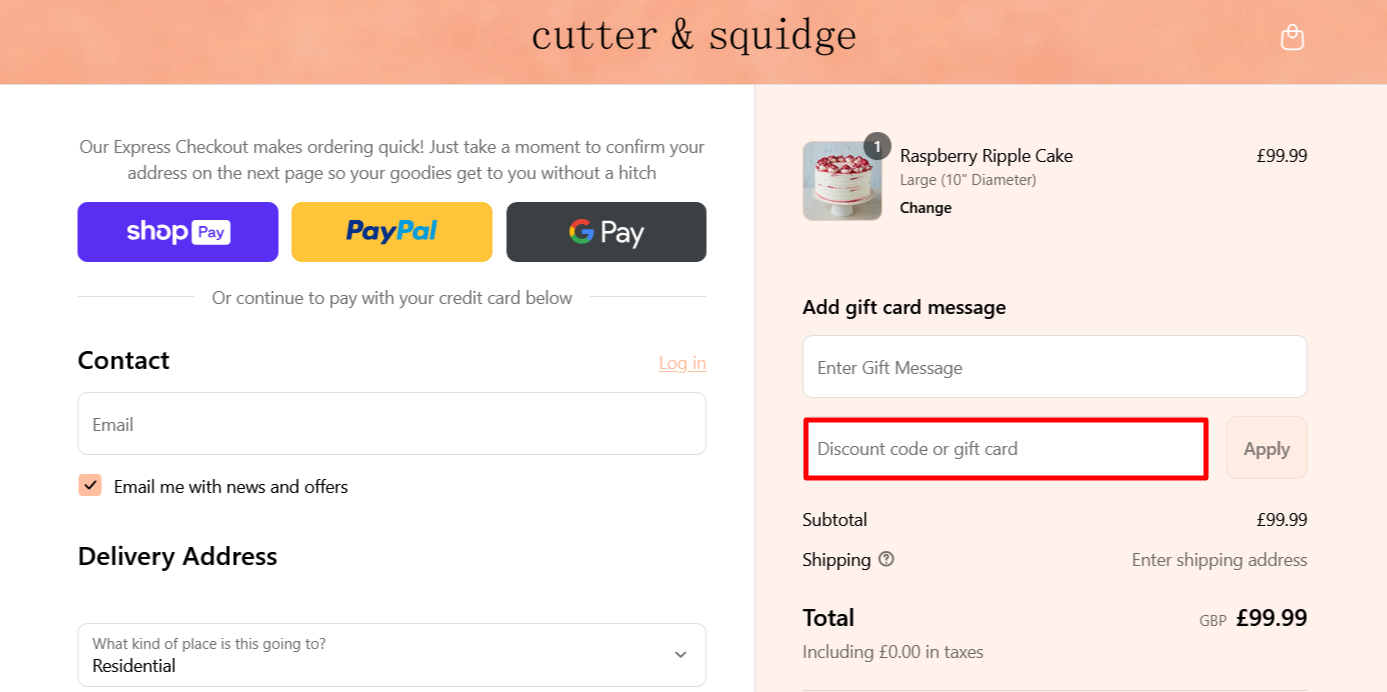 The checkout page for Cutter & Squidge, where you paste the code