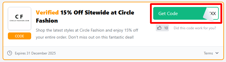 A Circle Fashion discount code with "Get Code" highlighted in a red box.