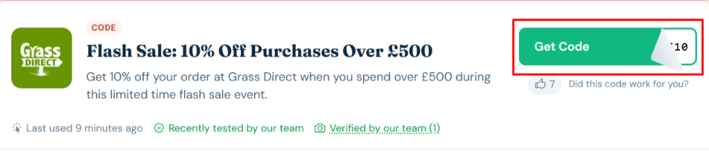 A Grass Direct discount code with "Get Code" in a red box