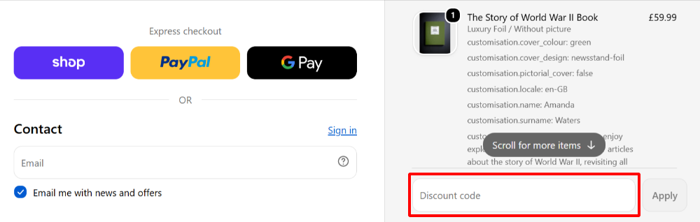 The checkout page showing a red highlighted box where you paste your Historic Newspapers voucher code