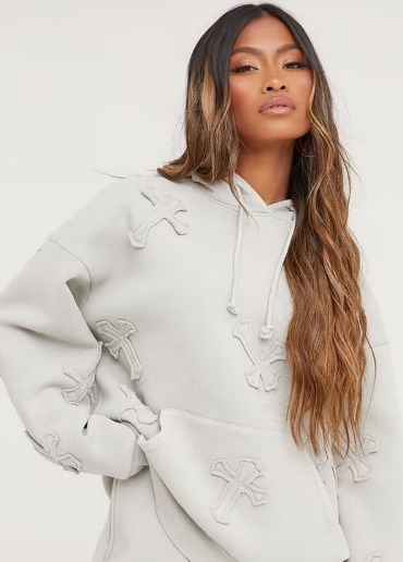 An EGO long sleeve contrast drawstring hoodie with corsses in off white