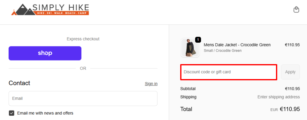 The Simply Hike checkout page with where to paste the Simply Hike voucher code in a red box.