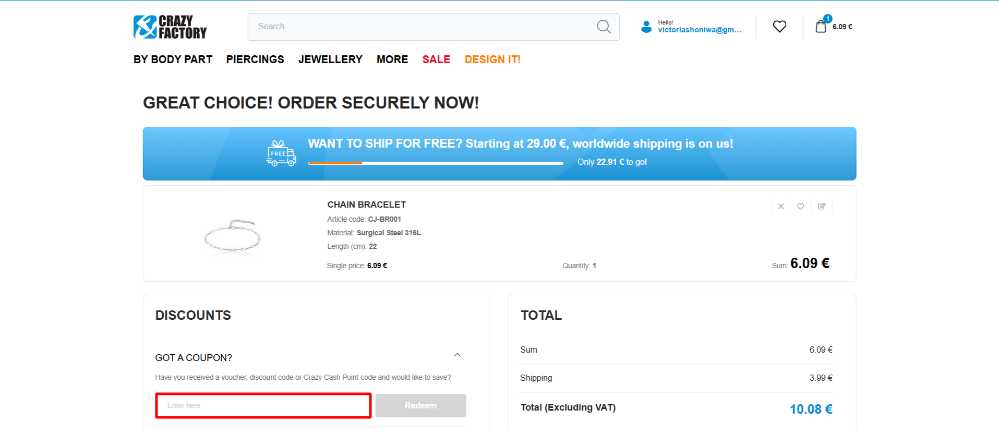 The Crazy Factory checkout page and a Crazy Factory discount code box