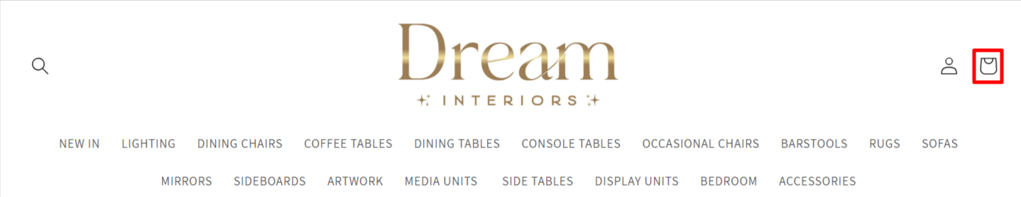 The Dream Interiors page with the different shopping categories