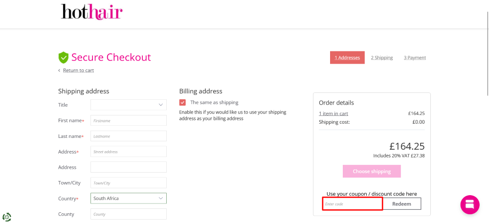 The checkout page shows where to apply your Hot Hair discount code