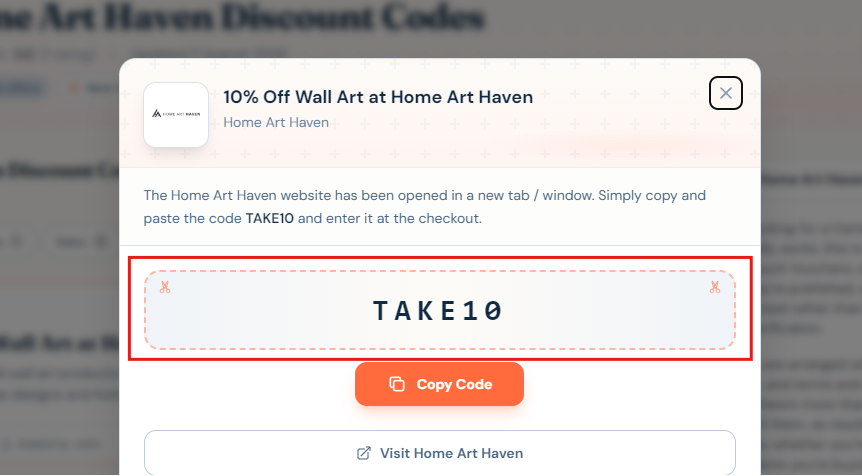 Home Art Haven code displayed for users to copy