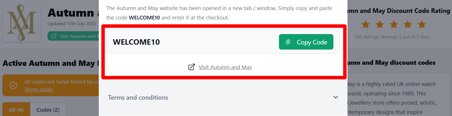 The highlighted red box shows the link to the Autumn and May website for shopping.