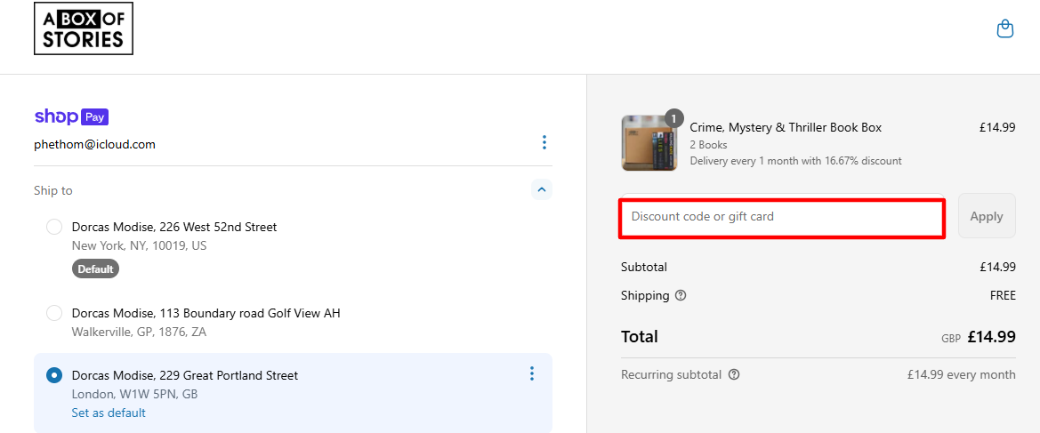 A red box is where you enter an A Box Of Stories discount code