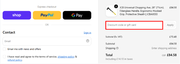 A box where you can add your JCB Tools promo code to redeem it.