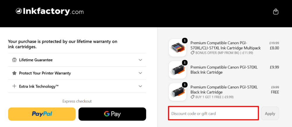 Applying a Ink Factory code on the checkout page