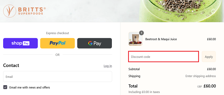 image showing the Britt's Superfoods discount code box