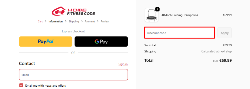 A red box outlining where to place your Home Fitness Code discount code