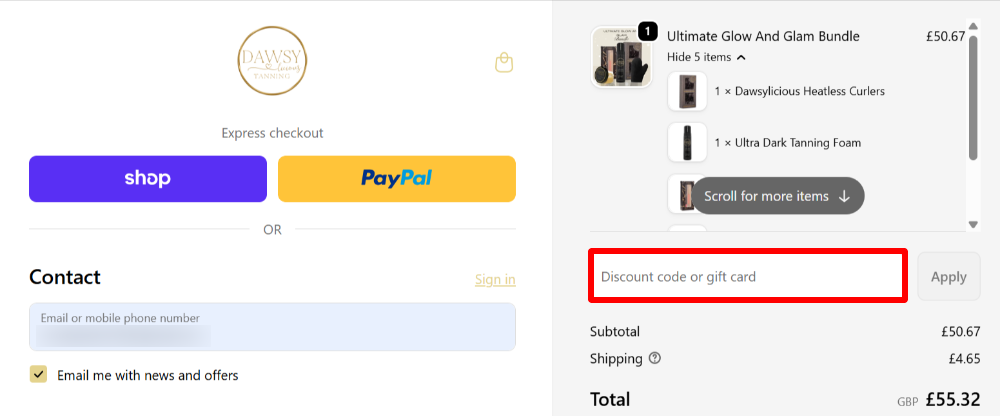 The Dawsylicious Tanning checkout page with where to paste the Dawsylicious Tanning voucher code in a red box