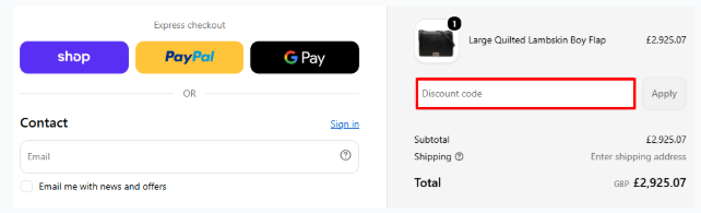 A box where you can add your Hewi promo code to redeem it