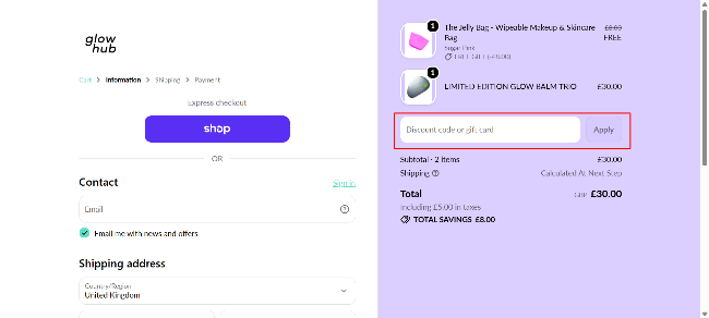 Glow Hub discount voucher code box for customers