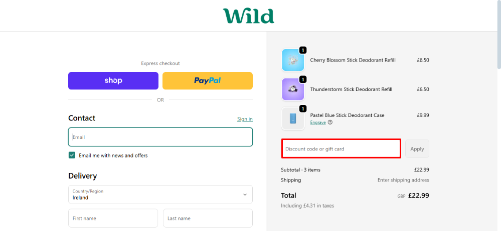 Wild checkout page where you apply your Wild discount code