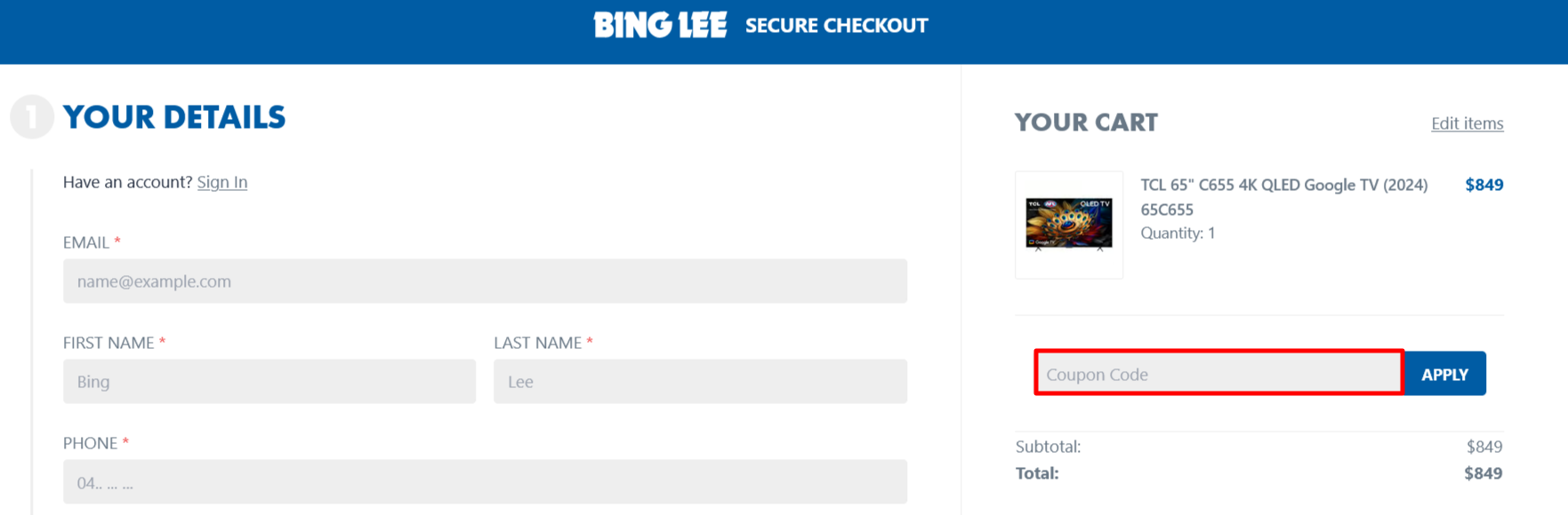 Bing Lee checkout page where to enter your code.