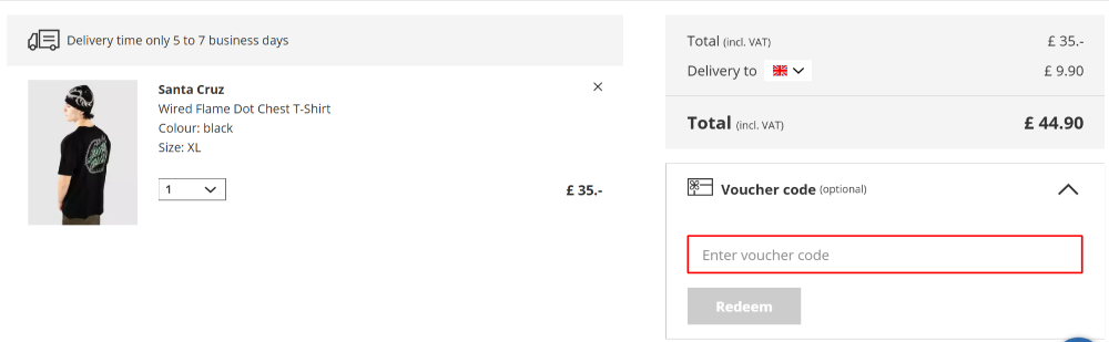 The Blue Tomato shoping basket page with where to paste the Blue Tomato voucher code in a red box