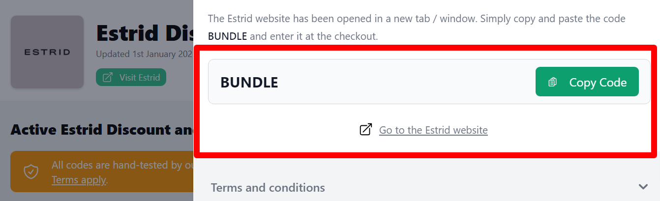a highlighted link that customers can click after copying their Estrid coupon