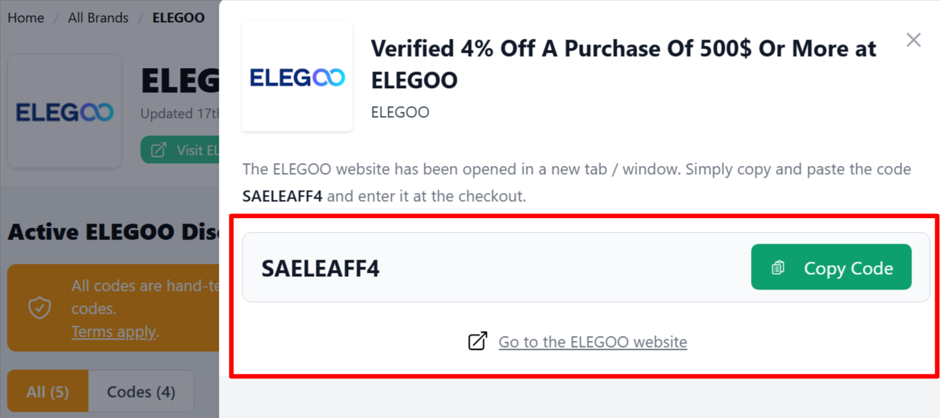 A ELEGOO voucher code on an onscreen page on our site
