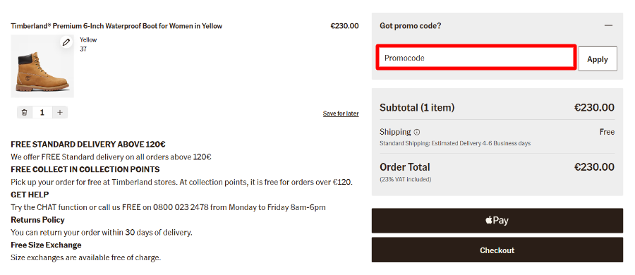 Apply your Timberland promo code before you pay