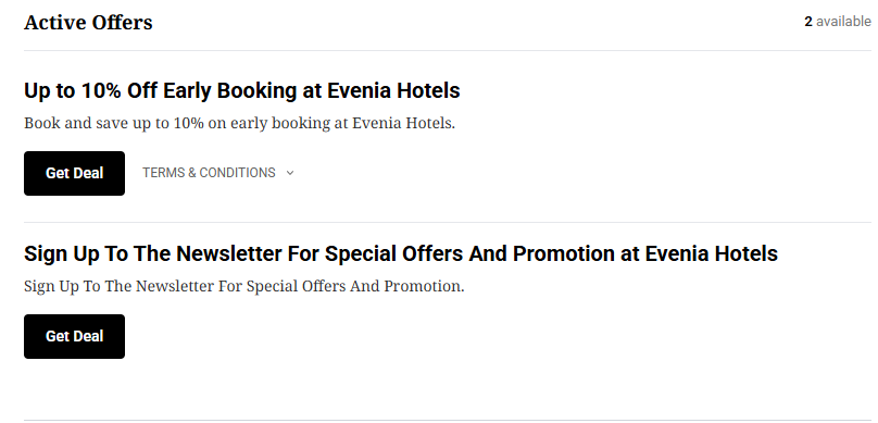 The active Evenia Hotels discount codes and deals at {brrand}