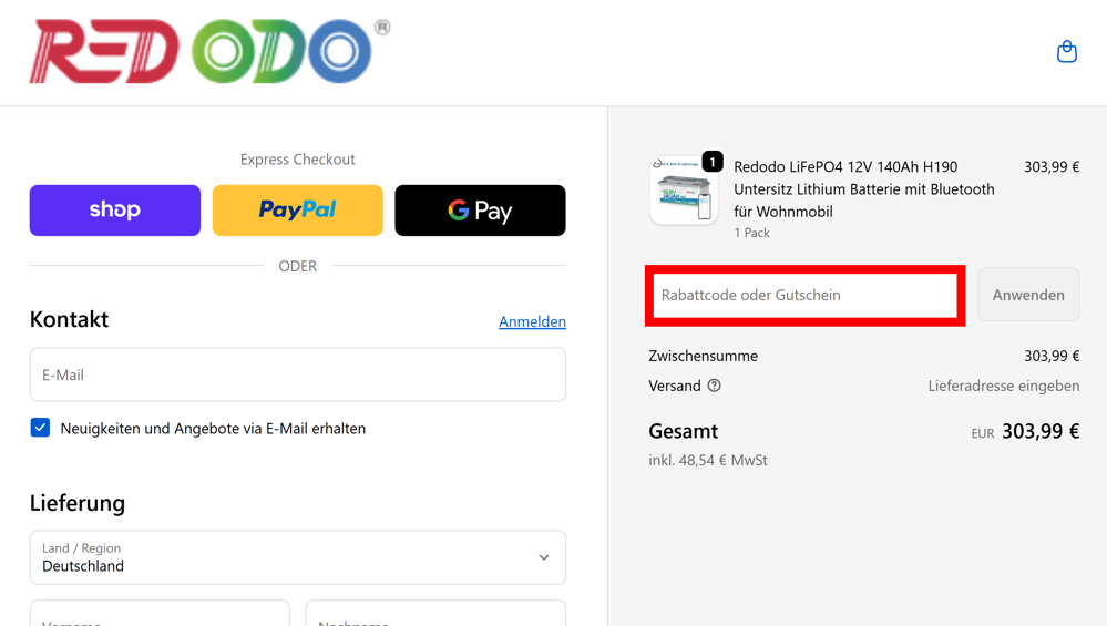 Checkout von Redodo mit einem rotmarkierten Eingabefeld für Gutscheincodes