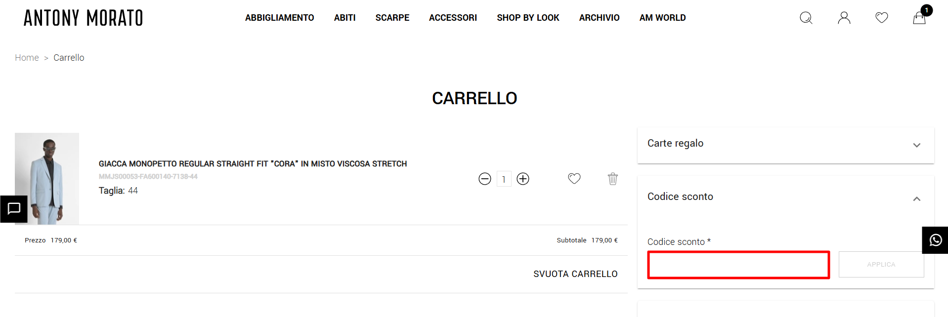 carrello del sito ufficiale Antony Morato dove inserire il codice sconto Antony Morato nella sezione apposita